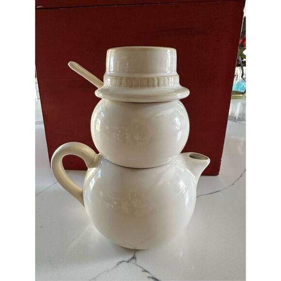 Pottery Barn Snowman Stackable Tea Set Ceramic Holiday Vintage w Spoon - Picture 3 of 9